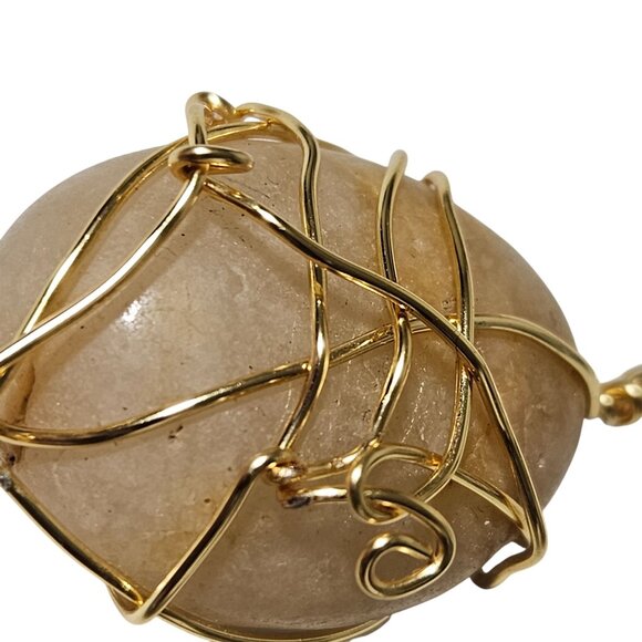 Handmade Gold Tone Wire Wrapped Beige Stone Pendant Necklace Jewelry Accessory - Picture 3 of 4